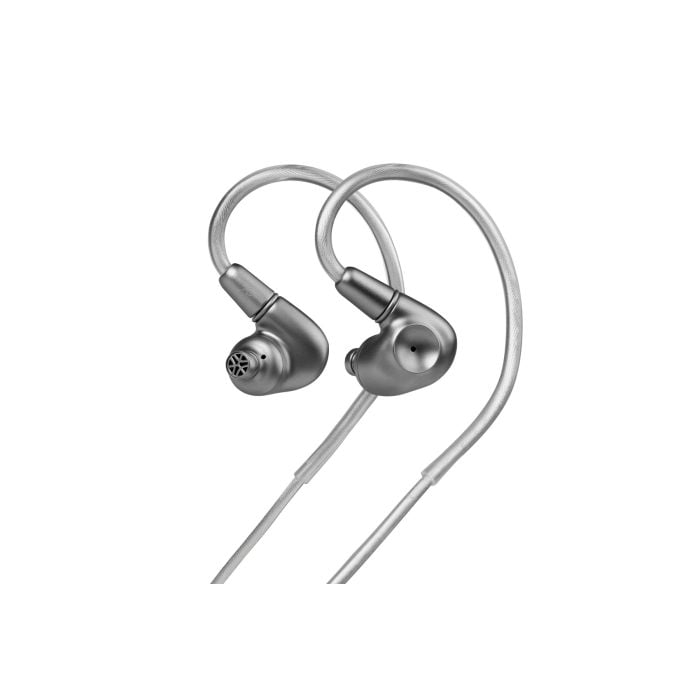 A pair of Meze Audio Astru flagship IEMs showing the CNC-machined titanium shell and the silver-plated, over-ear hook cable design