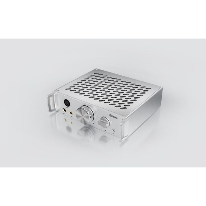 High angled shot of iBasso Kunlun Desktop Amplifier, showing all the output ports and volume and gain knobs. The image showcases the precision-machined aluminum chassis and the distinctive ventilated top plate featuring an array of cutouts. Product set ag