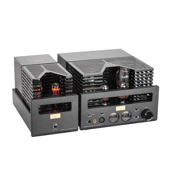 A high-angle front view of the Cayin HA-300 MK3 vacuum tube headphone amplifier and its matching external power supply in a sleek black finish. Both units feature protective black metal slatted cages over the glowing tubes and a minimalist front panel wit