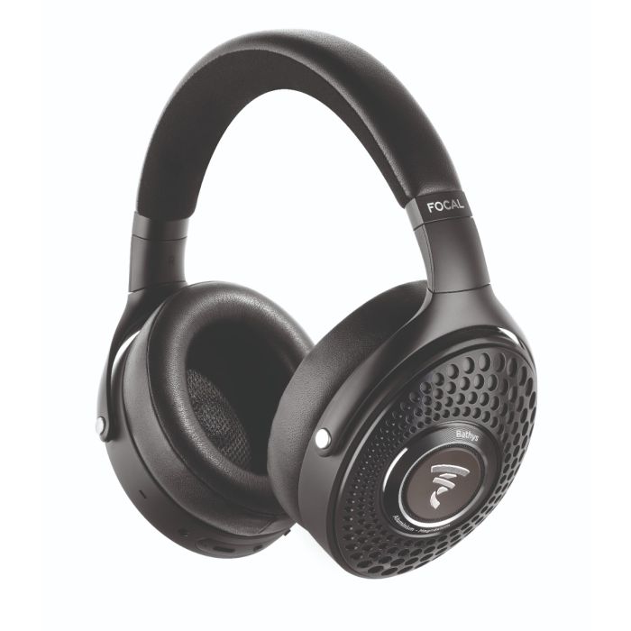 Front view of Focal Bathys headphones in Deep Black, featuring a stealth monochrome finish and genuine black leather. Isolated on a white studio background for a professional e-commerce look.