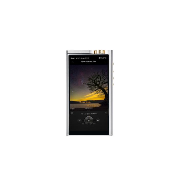 Cayin N8iii flagship digital audio player in silver and gold, displaying a hi-res music playback screen at 176.4kHz 24bit